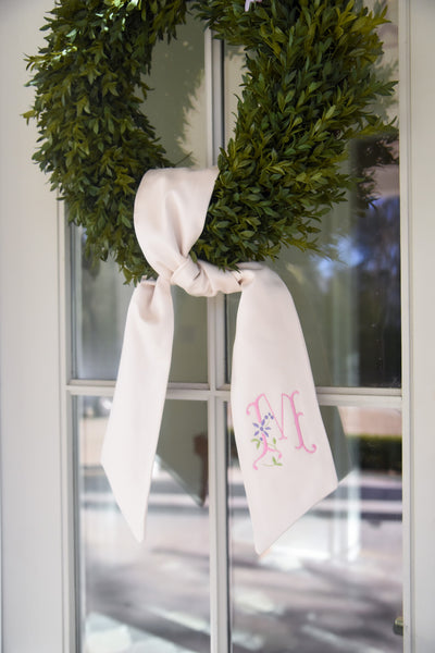 Evergreen with Garland and Modern Monogram double ended sash tie- Christmas, personalized, custom, front door, decor, high quality holiday, decoration,