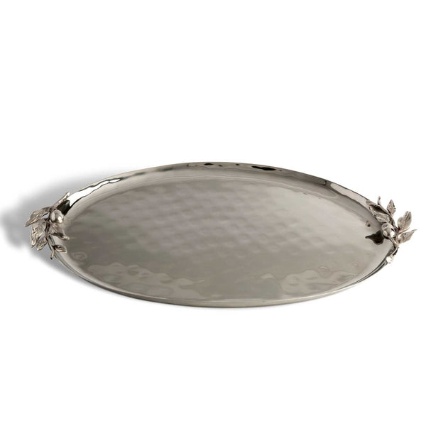 Large Stainless Steel Oval Serving Tray with Olive Branch Design